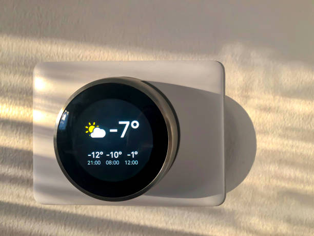 istock Smart Thermostat with the outside temperature during winter during the afternoon sunset 1207349428