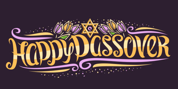 Vector greeting card for Jewish Passover Vector greeting card for Jewish Passover, decorative invitation with curly calligraphic font, curls and confetti, tulip flowers and star of David, swirly brush type for words happy passover on dark. star of david logo stock illustrations