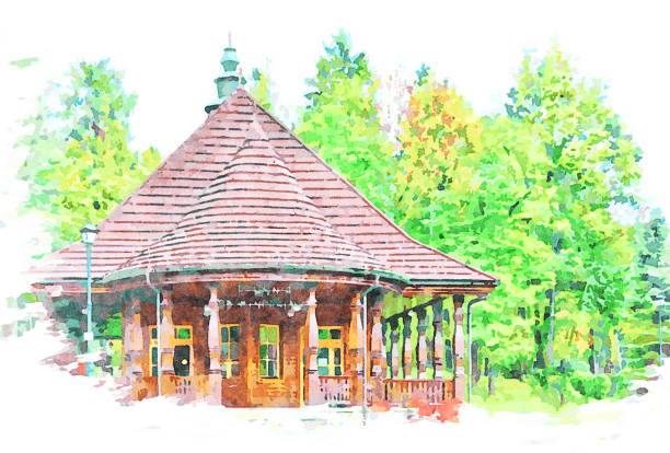 Digital art painting canvas - The Mineral Water Pump Room building in the spa park in Wysowa Zdroj (watercolor effect)