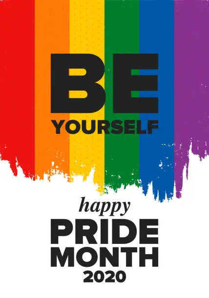 Vector illustration of LGBT Pride Month in June. Lesbian Gay Bisexual Transgender. Celebrated annual. LGBT flag. Rainbow love concept. Human rights and tolerance. Poster, card, banner and background. Vector ilustration