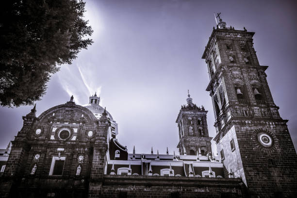 Black White Zocalo Park Cathedral Puebla Mexico