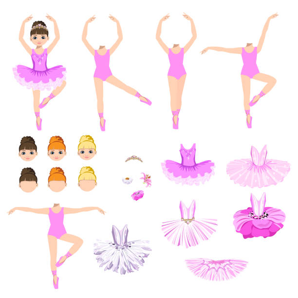 nette kleine ballerina mit einem satz von kleidern - ballettröckchen stock-grafiken, -clipart, -cartoons und -symbole