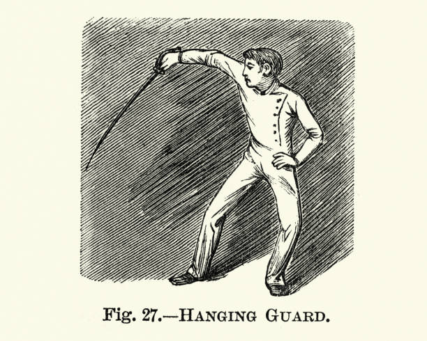 Fencing position, Hanging guard, Victorian sports, 19th Century Vintage engraving of Victorian sports, Fencing, Hanging guard, 19th Century. fencing sport stock illustrations