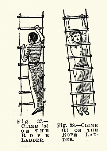 Vintage engraving of Gymnastics, Climbing rope ladder, Victorian sports 19th Century