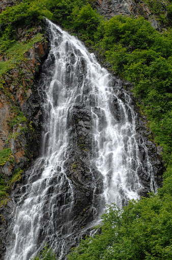 The beauty of Alaska can be seen in its various landscape features.  Traveling down the Richardson highway, in Interior Alaska, one will enter the Keystone Canyon.   The Keystone Canyon with its tall rocky cliffs also displays several waterfalls.  In the Spring these falls become surrounded by the lush green foliage. This is a site every tourist should visit on their way to Valdez, Alaska.