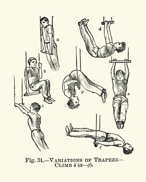 illustrations, cliparts, dessins animés et icônes de gymnastique, trapeze, variations de l’ascension, sports victoriens 19ème siècle - vintage toning