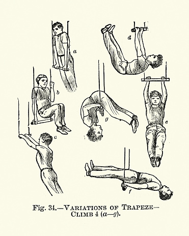 Vintage engraving of Gymnastics, Trapeze, Variations of climb, Victorian sports 19th Century