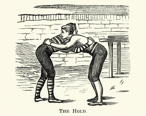 Wrestling, the Hold, Victorian sports, 19th Century Vintage engraving of Wrestling, the Hold, Victorian sports, 19th Century wrestlers uniform stock illustrations