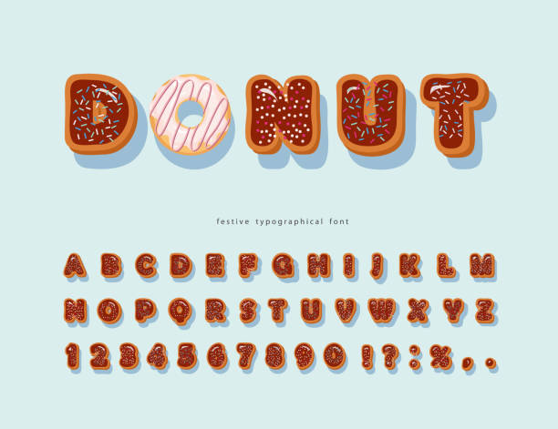 Sweet decorative font. Cartoon chocolate letters and numbers. Cute alphabet for girls. Birthday, baby shower celebration design. Vector Sweet decorative font. Cartoon chocolate letters and numbers. Cute alphabet for girls. Birthday, baby shower celebration design. Vector illustration donuts stock illustrations