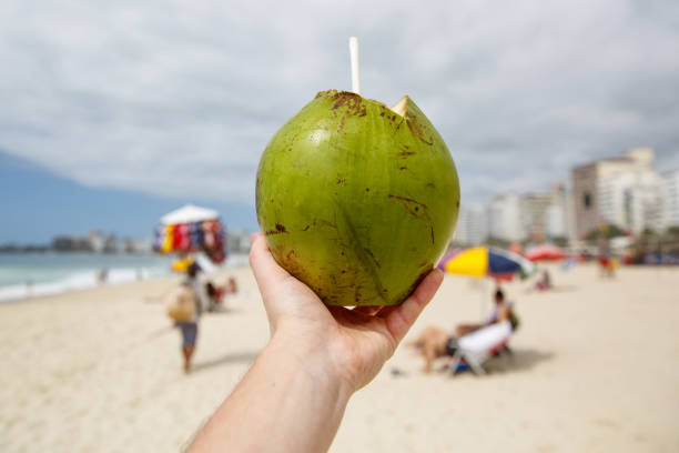 istock Fresh green coconut with a straw on a beach background. 1207358207