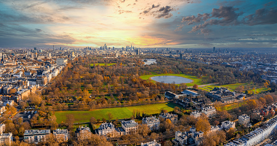 Beautiful aerial panoramic view of the Hyde park in London