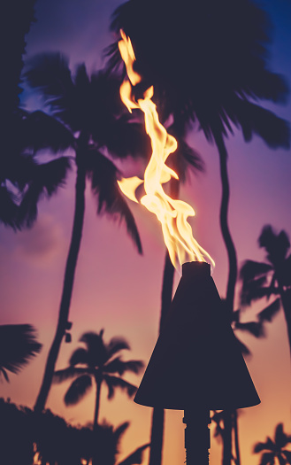 Hawaii Tiki Torches During A Beautiful Tropical Sunset