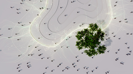 High angle view of people in a futuristic urban park