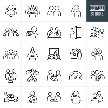 A set of sales icons that include editable strokes or outlines using the EPS vector file. The icons include sales people, salesmen, customer, client, sales presentation, salesman meeting customer, salesman on phone, high five, salesman giving business card, salesman shaking hands with client, salesman holding door open, salesman with bullhorn, sales team, sales person with client, real estate agent, salesman signing contract, shopper shopping, car salesman, salesman with arms folded and other related icons.