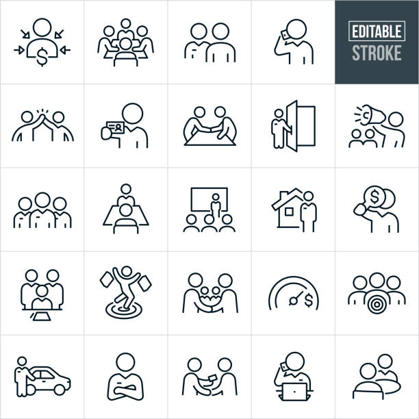 Sales Thin Line Icons - Editable Stroke A set of sales icons that include editable strokes or outlines using the EPS vector file. The icons include sales people, salesmen, customer, client, sales presentation, salesman meeting customer, salesman on phone, high five, salesman giving business card, salesman shaking hands with client, salesman holding door open, salesman with bullhorn, sales team, sales person with client, real estate agent, salesman signing contract, shopper shopping, car salesman, salesman with arms folded and other related icons. agent icon stock illustrations