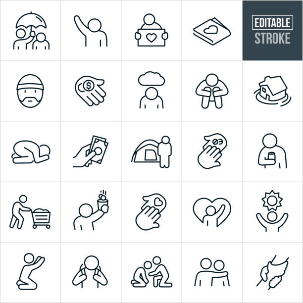 Homeless Thin Line Icons - Editable Stroke A set homeless icons that include editable strokes or outlines using the EPS vector file. The icons include homeless people in different situations. They include a person holding an umbrella over a homeless person, a homeless person reaching out for help, a homeless person holding a sign, a homeless man, hand with money, depressed homeless person, sinking house, desperate homeless person, giving cash, homeless person and a tent, hand taking pills, homeless person holding a can of alcohol, homeless person pushing belongings in a shopping cart, homeless person begging for money, home, clasped hands, good samaritan, helping hand, arm around shoulder and a homeless person praying to name a few. begging currency beggar poverty stock illustrations