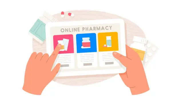 Vector illustration of Online pharmacy. Human hands holding tablet and buying pills. Healthcare online pharmacy concept. Screen with open medical app concept