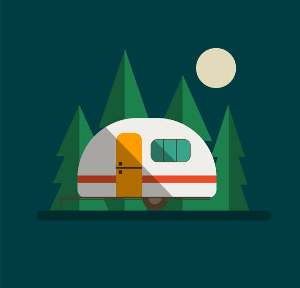 ilustrações, clipart, desenhos animados e ícones de trailer campista na estrada com árvores e lua - mobile home camping isolated vehicle trailer