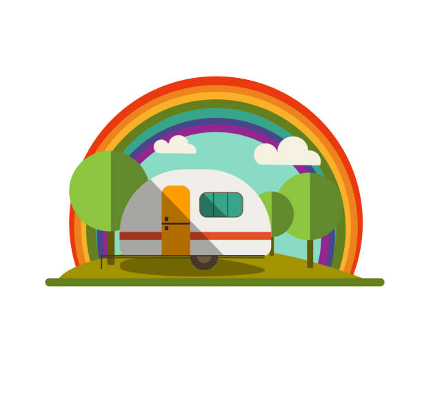 ilustrações, clipart, desenhos animados e ícones de trailer campista na natureza com arco-íris - mobile home camping isolated vehicle trailer