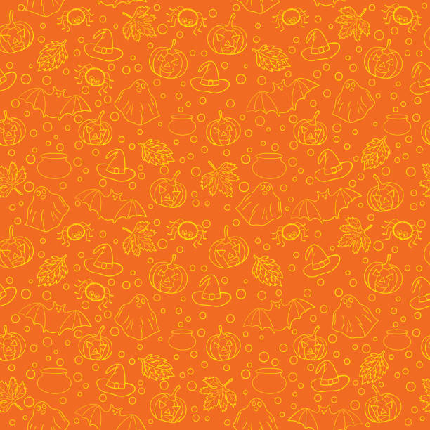 ilustrações de stock, clip art, desenhos animados e ícones de halloween seamless pattern with spiders, witch cauldron, bat, ghost, pumpkin, leaves and bubbles on orange background. decoration for greeting card, poster, banner, flyer design. vector illustration. - witch halloween cauldron bat