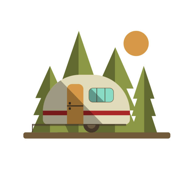 ilustrações, clipart, desenhos animados e ícones de trailer campista na estrada com árvores e sol - mobile home camping isolated vehicle trailer