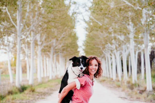 istock young woman training outdoors with her cute border collie dog in a trees path. 1207367563