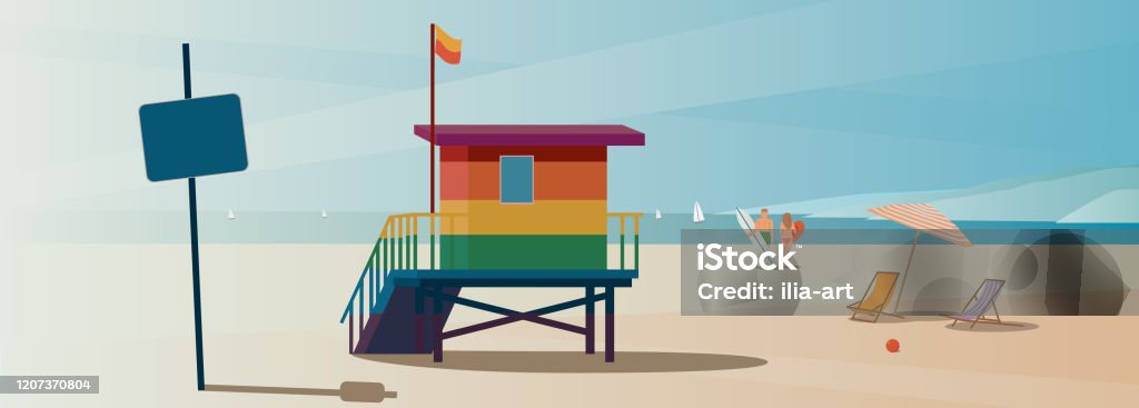 Historic Nude Beach Of Santa Monica Stock Illustration - Download Image Now  - Beach, Beach Umbrella, California - iStock