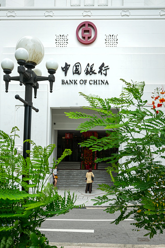 Singapore, January 2020.  view of the entrance to the bank of china headquarters