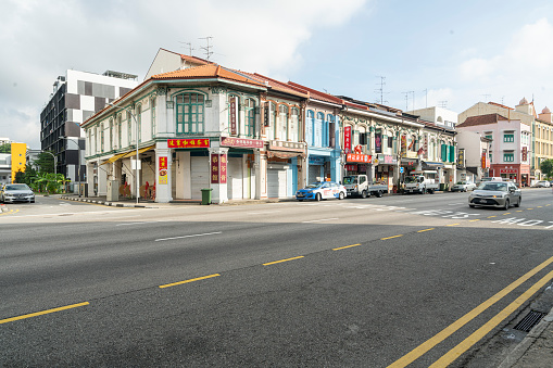 Singapore.  January 2020.  typical shop houses on a busy street of the Kallang district