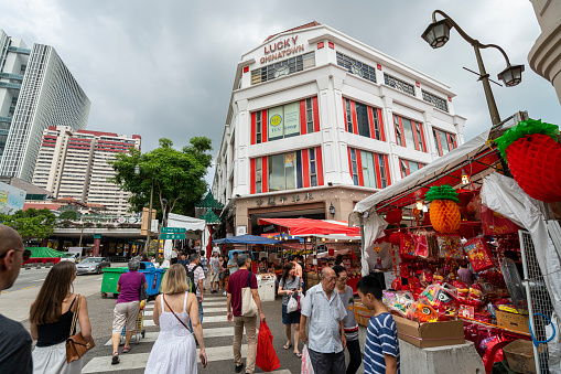 Singapore. January 2020.   the crowd in the vendor stalls in the Chinatown street market