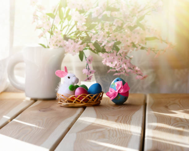 istock Breakfast or brunch on wooden  table with easter  bunny, 1207380202