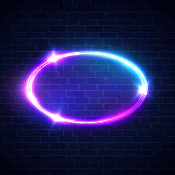 istock Glowing oval frame. Night club electric sign. Neon lights shape on dark brick wall. Ellipse background signage. 3d neon light advertising tube banner with blank text space. Color vector illustration. 1207380458
