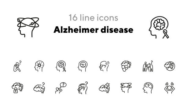 ilustraciones, imágenes clip art, dibujos animados e iconos de stock de conjunto de iconos de la línea de la enfermedad de alzheimer - alzheimer
