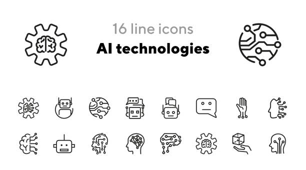 illustrazioni stock, clip art, cartoni animati e icone di tendenza di set di icone della linea tecnologie ai - asse di circuito