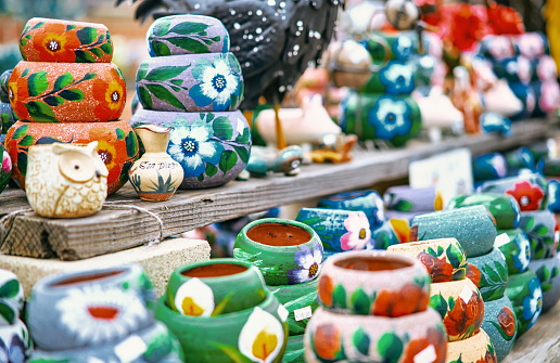 Colorful details and ornaments of traditional Mexican ceramic crafts, found in Old town in San Diego