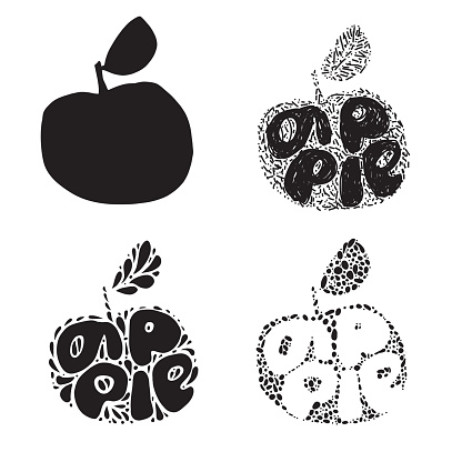 Apple silhouette. Fresh fruit Typography Vector Illustration, Handdrawn lettering. Hand drawn font on Healthy fruity harvest apple silhouette with decorative doodle elements