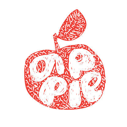 Red Apple silhouette. Fresh fruit Typography Vector Illustration, Handdrawn lettering. Hand drawn font on Healthy fruity harvest apple silhouette with decorative doodle elements