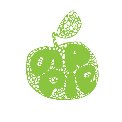 Green Apple silhouette. Fresh fruit Typography Vector Illustration, Handdrawn lettering. Hand drawn font on Healthy fruity harvest apple silhouette with decorative doodle elements