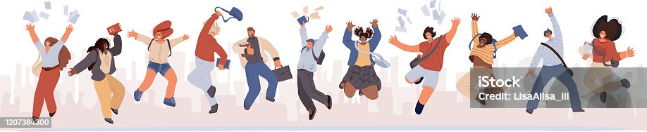 istock Group of happy students jumping with books, paper in hands. Young joyful jumping and dancing multiracial student people with raised hands. Happy education, joyfull cheerful study, graduation concept 1207384300