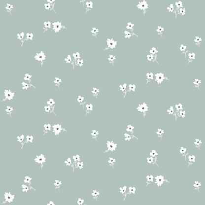 Seamless ditsy white floral pattern with tiny leaves hand drawn style. Cute small flowers repeat texture vector blue color.