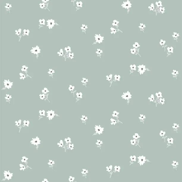 Vector illustration of Seamless ditsy white floral pattern with tiny leaves hand drawn style blue colors.