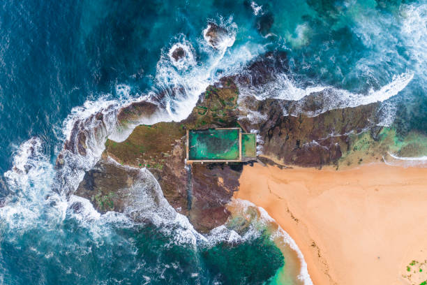 mona vale australian rock piscina sul lato mare, sydney, northern beaches - surfing new south wales beach australia foto e immagini stock