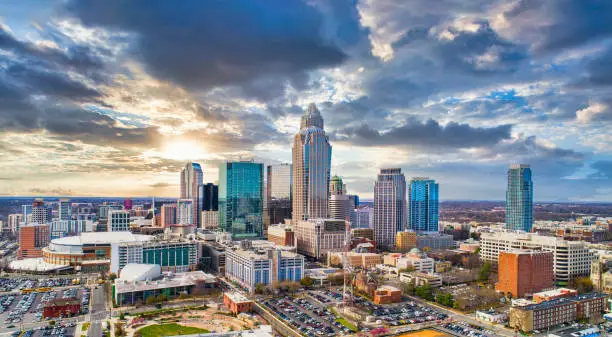 Drone Aerial of Downtown Charlotte, North Carolina, NC, USA Skyline.