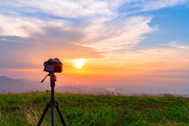 Beautiful mountain top sunset sunset camera in shooting