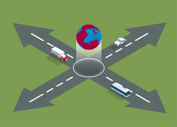 Vector illustration of The highway extends in all directions, with arrow symbols, buses, cars and trucks on the highway. The earth is suspended above. The background is green.