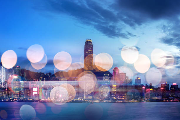 istock Double exposure with bokeh light in the Hong Kong city 1207400263