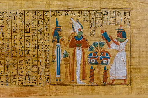 Papiro antiguo egipcio con las diferentes imágenes y jeroglíficos photo