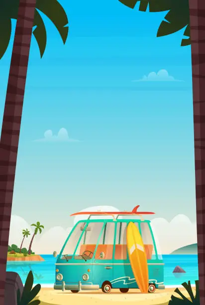 Vector illustration of Travel, trip and journey vector illustration. Seascape with Surfing van, camper bus on wild beach.