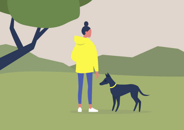 nhân vật nữ trẻ đi dạo với của họ trong rừng, các hoạt động giải trí ngoài trời, thời gian mùa hè - nature walk hình minh họa sẵn có