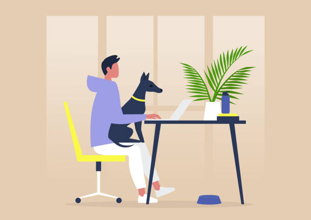 istock Pet friendly office, young male character working with a dog on their lap 1207405108